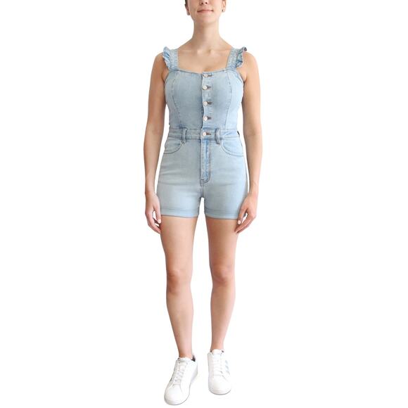 Almost Famous Juniors' Ruffled Stretch-Denim Shortalls  XS Light Wash NWT - Picture 2 of 4